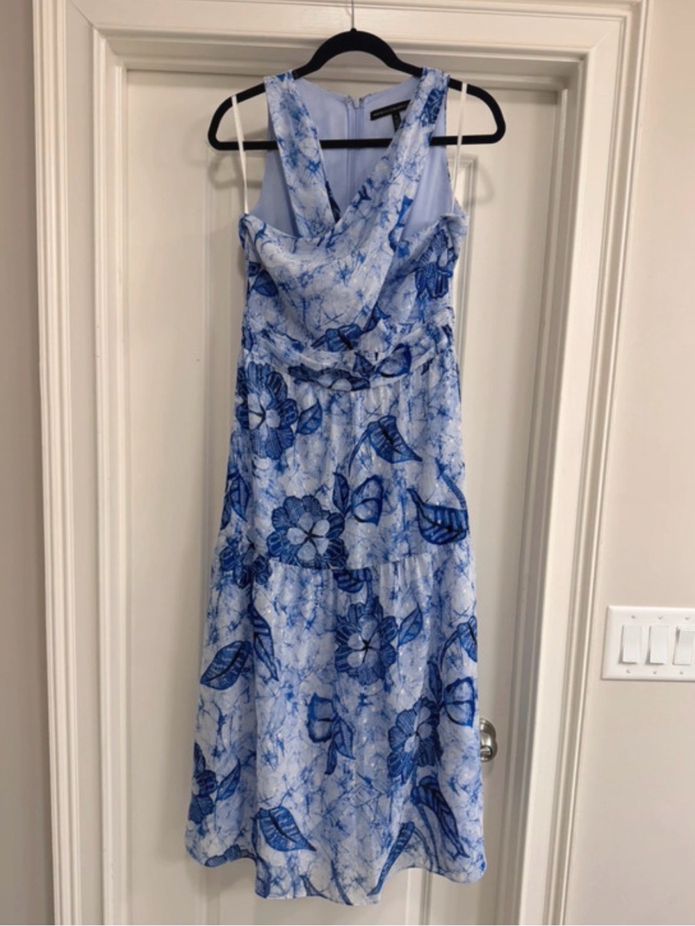 White House Black Market Blue and White Floral Sleeveless Midi Dress
